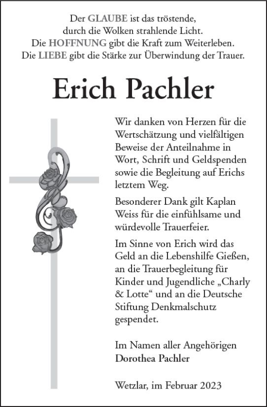 Traueranzeige von Erich Pachler von Wetzlarer Neue Zeitung