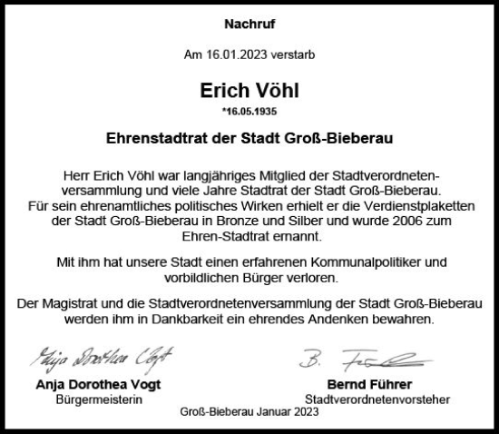 Traueranzeige von Erich Vöhl von Darmstädter Echo