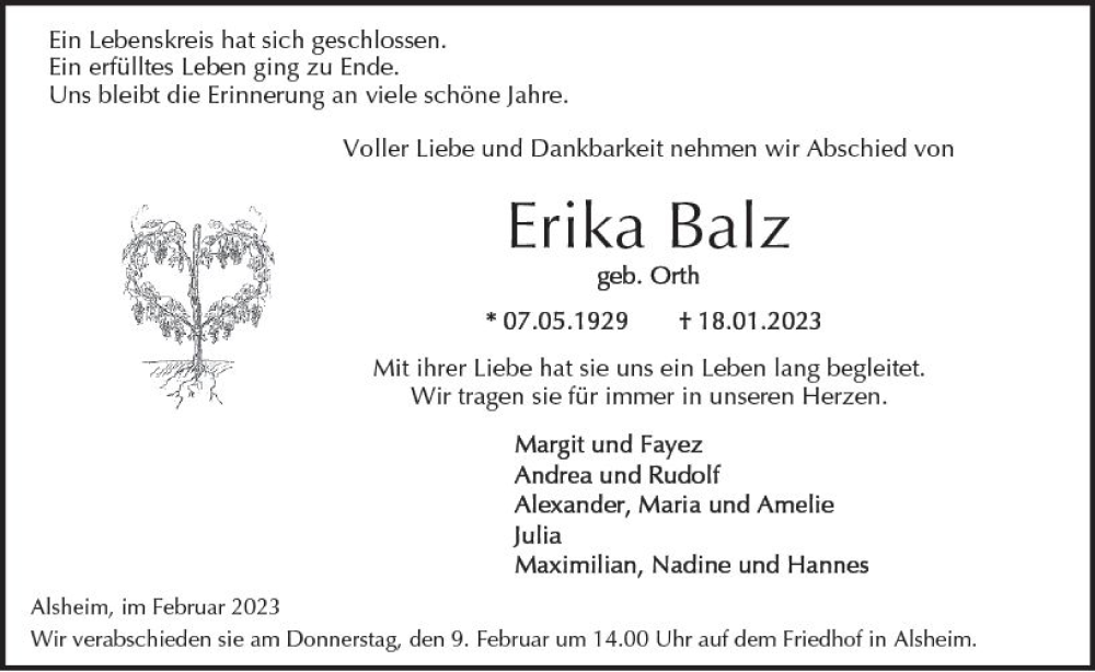  Traueranzeige für Erika Balz vom 04.02.2023 aus Wormser Zeitung