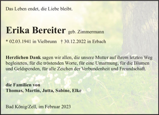 Traueranzeige von Erika Beireiter von Odenwälder Echo