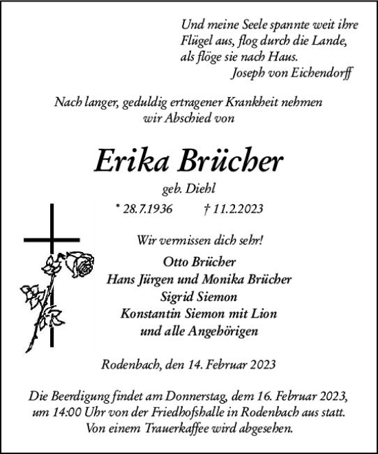 Traueranzeige von Erika Brücher von Dill Block