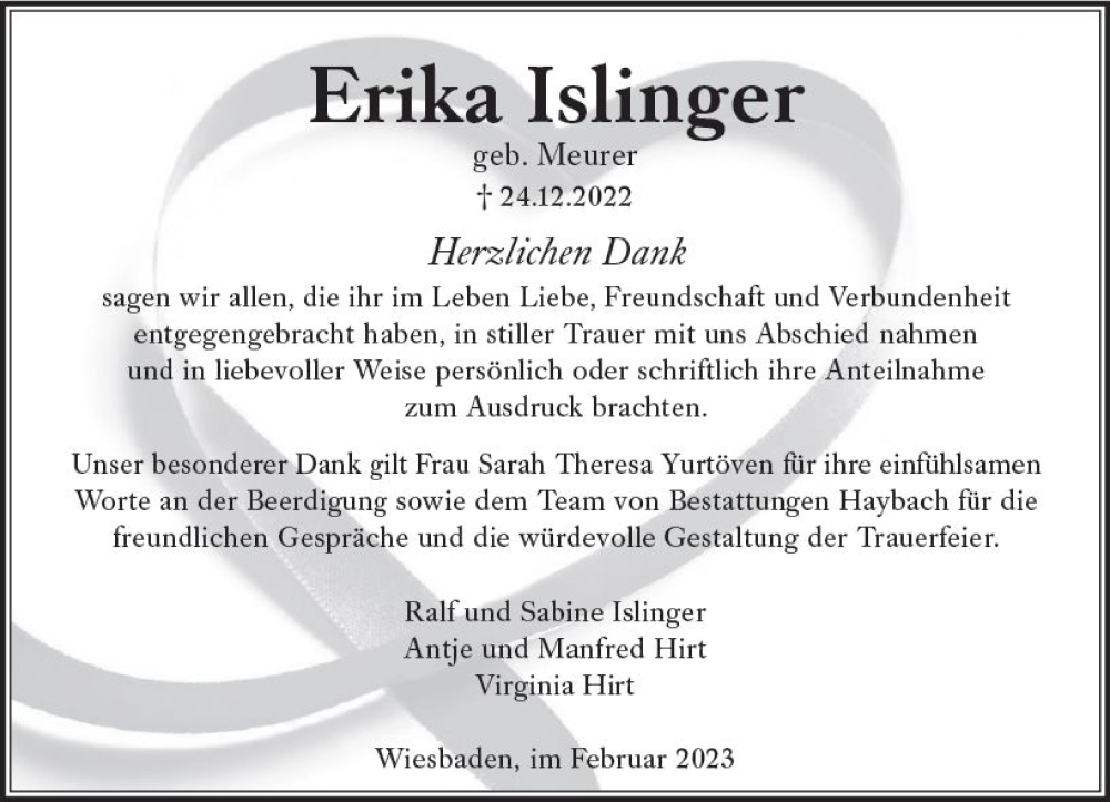  Traueranzeige für Erika Islinger vom 04.02.2023 aus Wiesbadener Kurier gesamt
