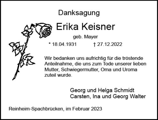 Traueranzeige von Erika Keisner von Darmstädter Echo
