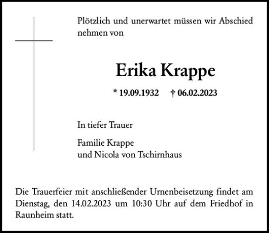 Traueranzeige von Erika Krappe von Rüsselsheimer Echo