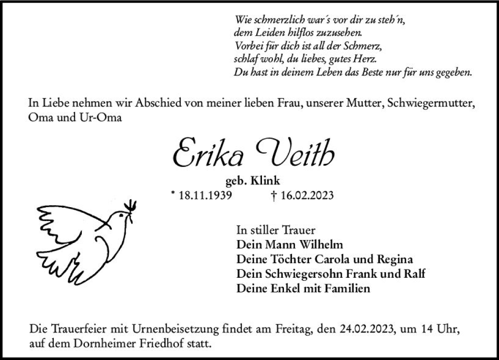  Traueranzeige für Erika Veith vom 22.02.2023 aus Groß-Gerauer Echo