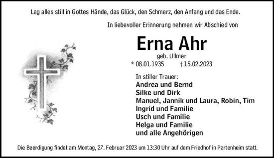 Traueranzeige von Erna Ahr von Allgemeine Zeitung Alzey
