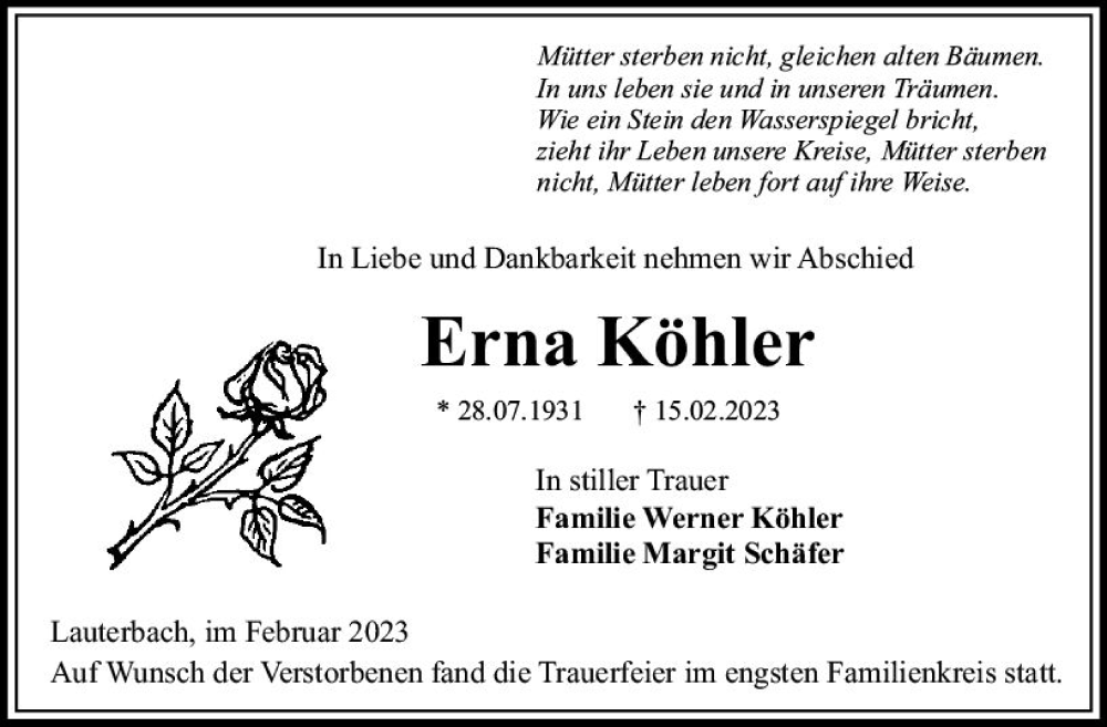  Traueranzeige für Erna Köhler vom 24.02.2023 aus VRM Trauer