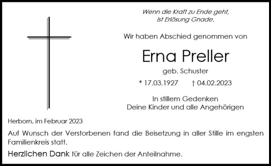Traueranzeige von Erna Preller von Dill Block