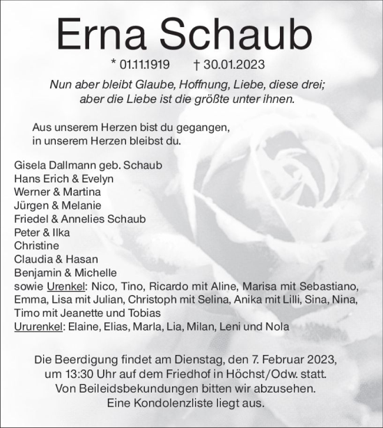 Traueranzeige von Erna Schaub von Odenwälder Echo