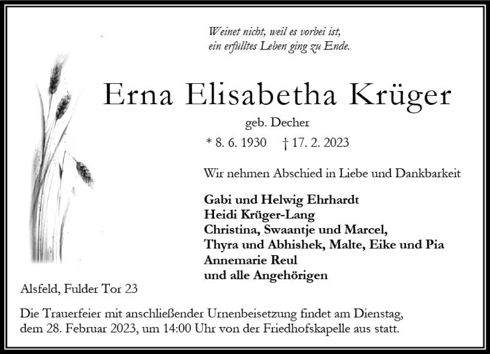  Traueranzeige für Erna Elisabetha Krüger vom 25.02.2023 aus VRM Trauer