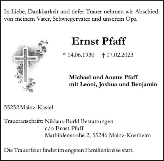 Traueranzeige von Ernst Pfaff von Allgemeine Zeitung Mainz