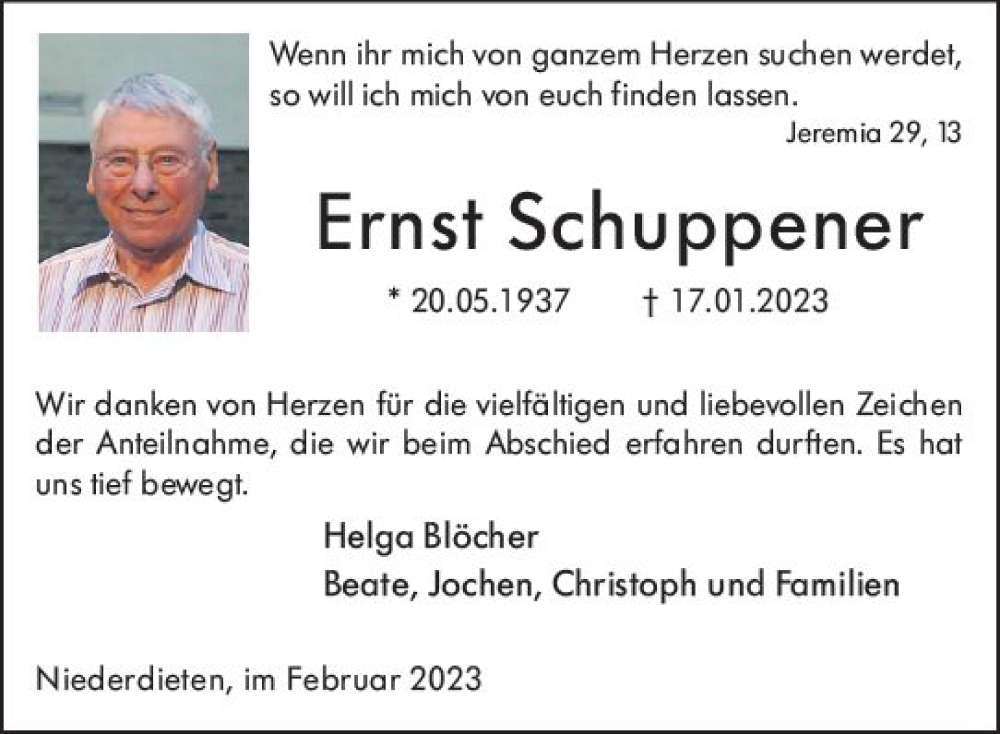  Traueranzeige für Ernst Schuppener vom 18.02.2023 aus Hinterländer Anzeiger