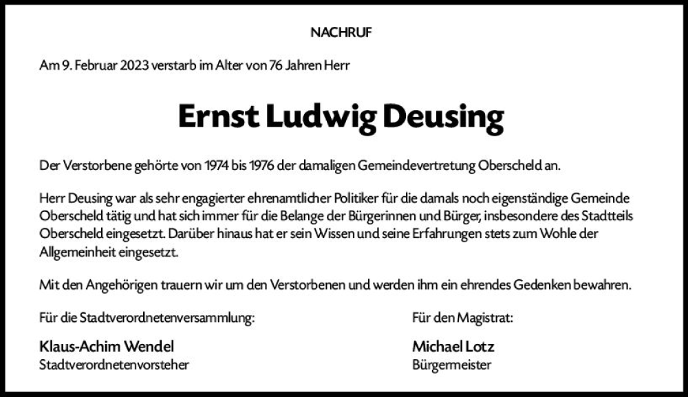  Traueranzeige für Ernst Ludwig Deusing vom 25.02.2023 aus Dill Block