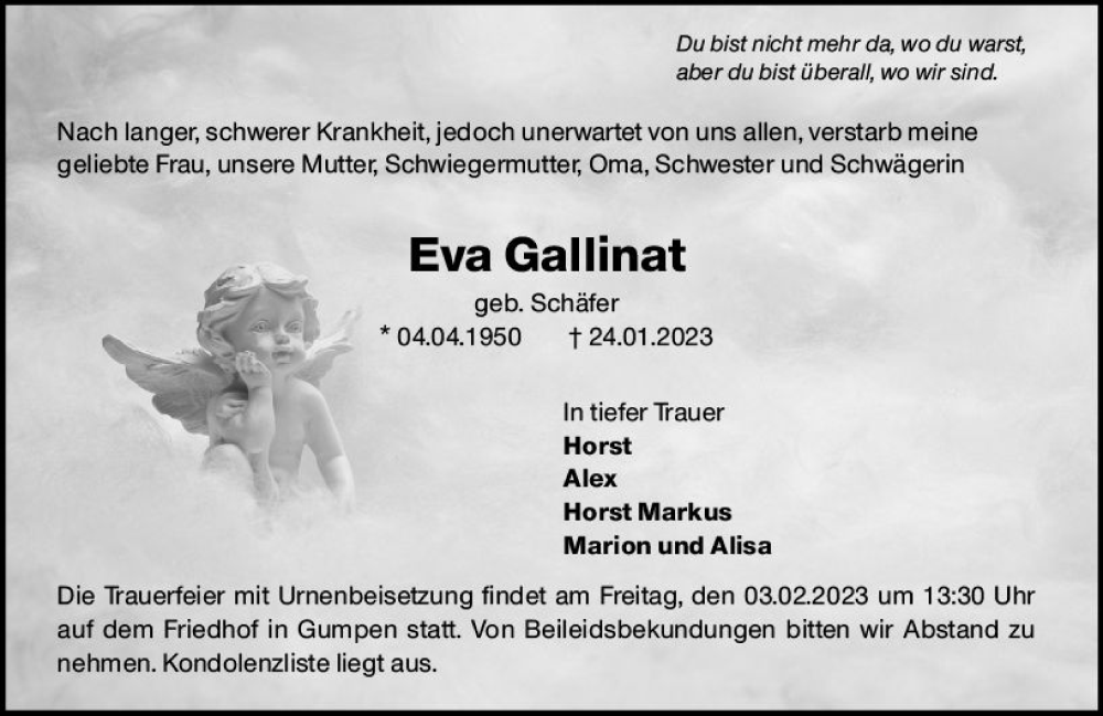  Traueranzeige für Eva Gallinat vom 01.02.2023 aus Odenwälder Echo