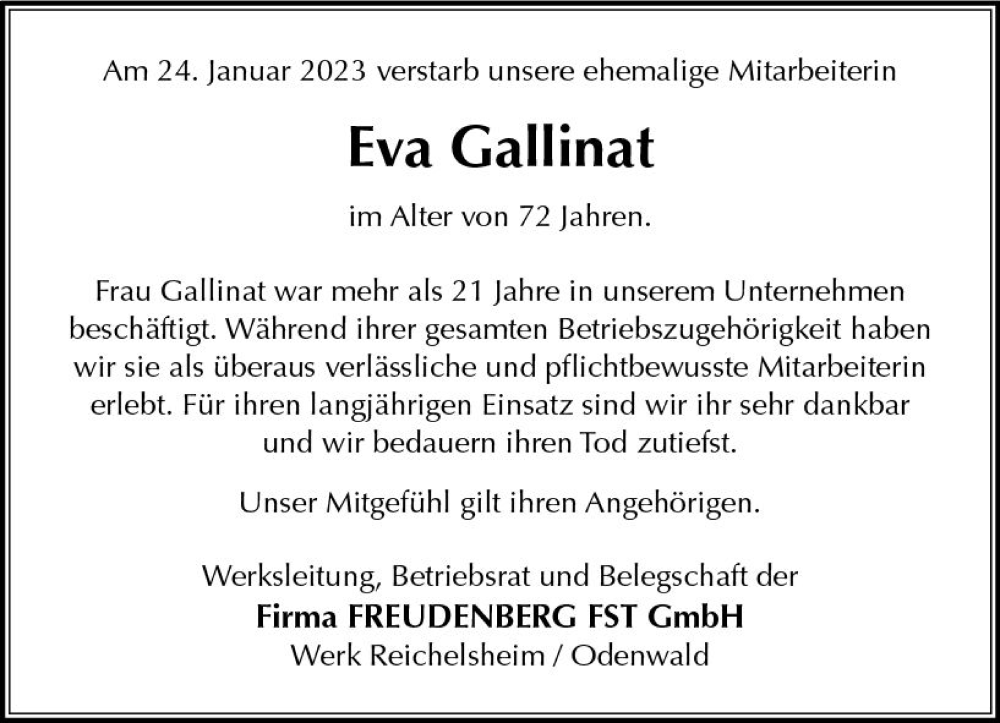  Traueranzeige für Eva Gallinat vom 04.02.2023 aus Odenwälder Echo