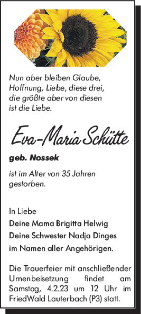  Traueranzeige für Eva-Maria Schütte vom 01.02.2023 aus VRM Trauer