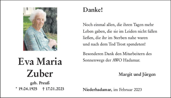 Traueranzeige von Eva Maria Zuber von Nassauische Neue Presse