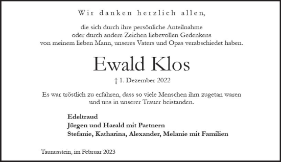 Traueranzeige von Ewald Klos von Wiesbadener Kurier gesamt