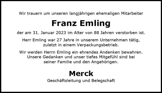 Traueranzeige von Franz Emling von Darmstädter Echo