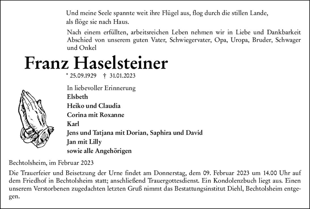  Traueranzeige für Franz Haselsteinen vom 04.02.2023 aus Allgemeine Zeitung Alzey