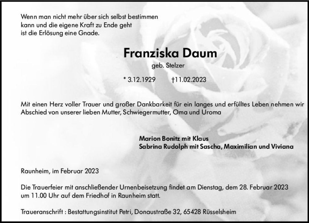  Traueranzeige für Franziska Daum vom 18.02.2023 aus Rüsselsheimer Echo