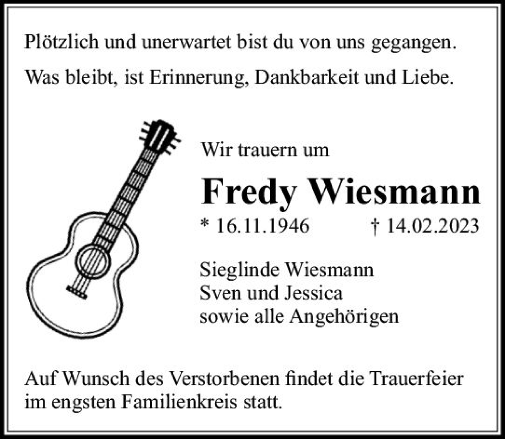  Traueranzeige für Fredy Wiesmann vom 25.02.2023 aus Rüsselsheimer Echo