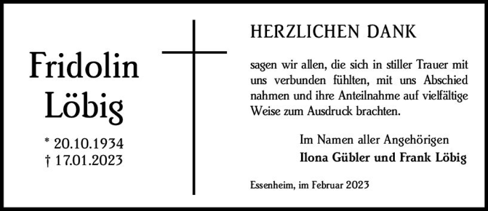  Traueranzeige für Fridolin Löbig vom 18.02.2023 aus Allgemeine Zeitung Mainz