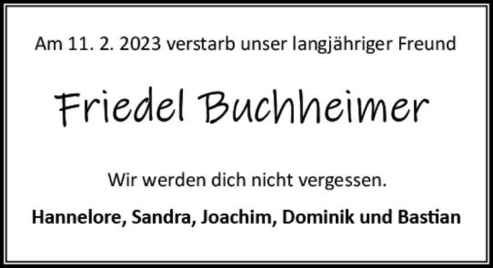  Traueranzeige für Friedel Buchheimer vom 25.02.2023 aus Odenwälder Echo