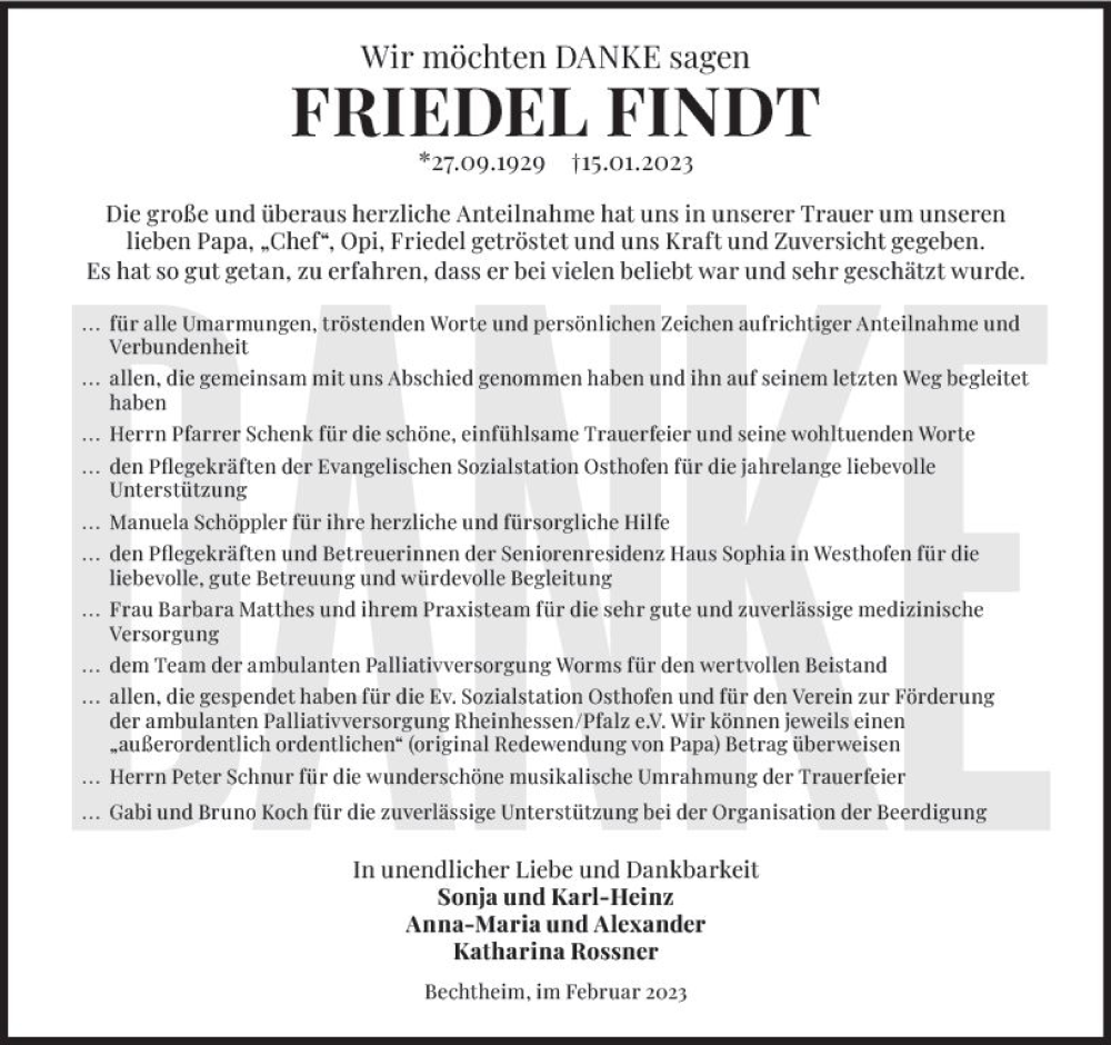  Traueranzeige für Friedel Findt vom 11.02.2023 aus Wormser Zeitung