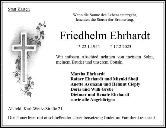 Traueranzeige von Friedhelm Ehrhardt von VRM Trauer