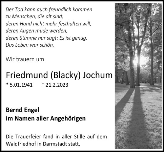 Traueranzeige von Friedmund  Jochum von Darmstädter Echo