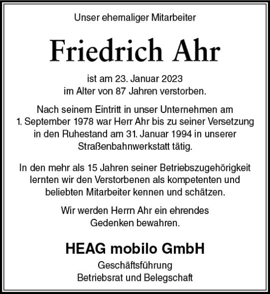 Traueranzeige von Friedrich Ahr von Darmstädter Echo