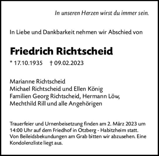 Traueranzeige von Friedrich Richtscheid von Darmstädter Echo