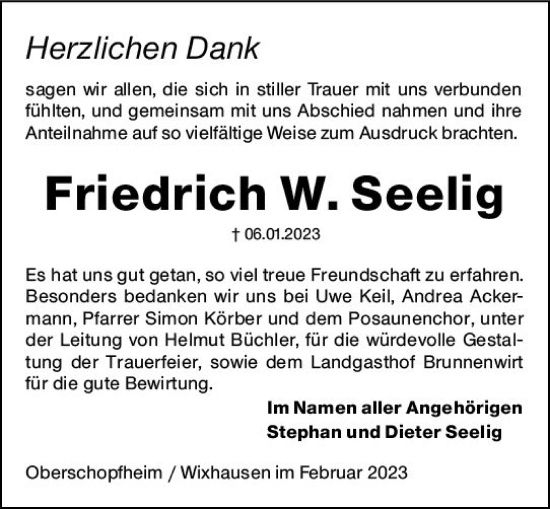 Traueranzeige von Friedrich W. Seelig von Darmstädter Echo