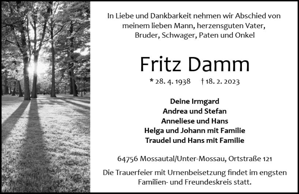  Traueranzeige für Fritz Damm vom 25.02.2023 aus Odenwälder Echo