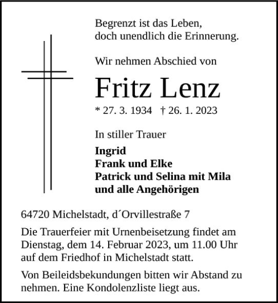 Traueranzeige von Fritz Lenz von Odenwälder Echo