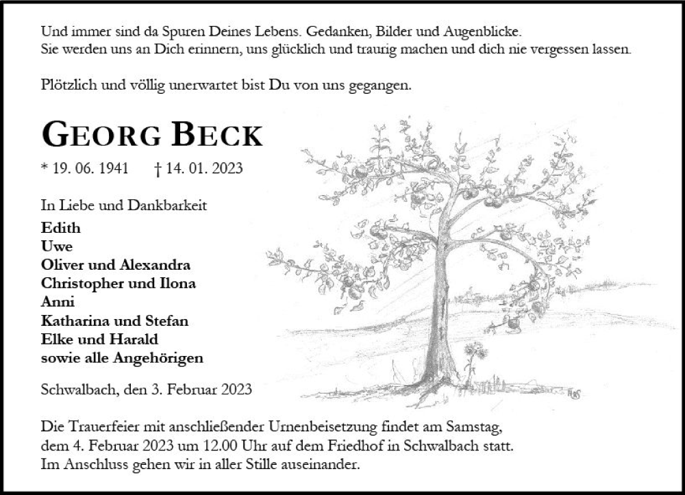  Traueranzeige für Georg Beck vom 03.02.2023 aus Wetzlarer Neue Zeitung