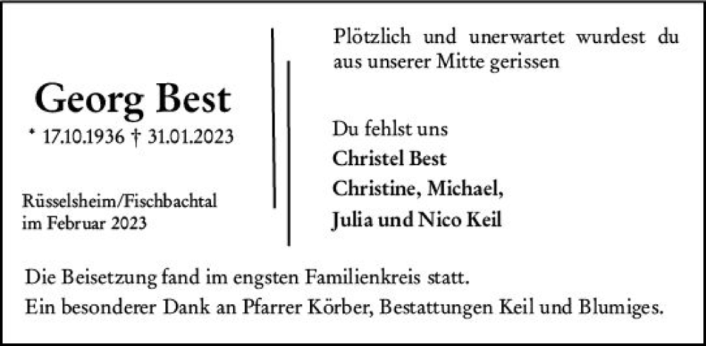  Traueranzeige für Georg Best vom 18.02.2023 aus Rüsselsheimer Echo