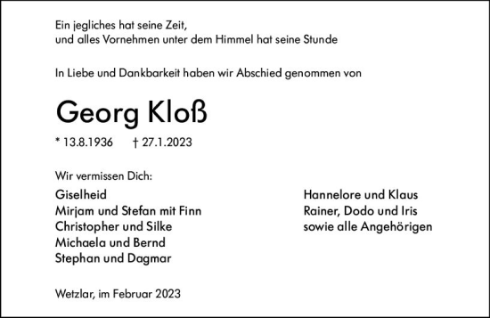 Traueranzeige von Georg Kloß von Wetzlarer Neue Zeitung