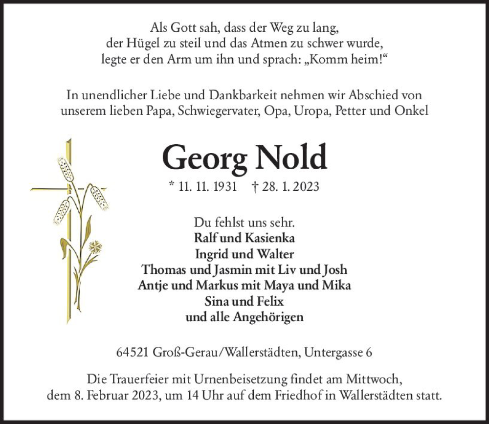  Traueranzeige für Georg Nold vom 04.02.2023 aus Groß-Gerauer Echo