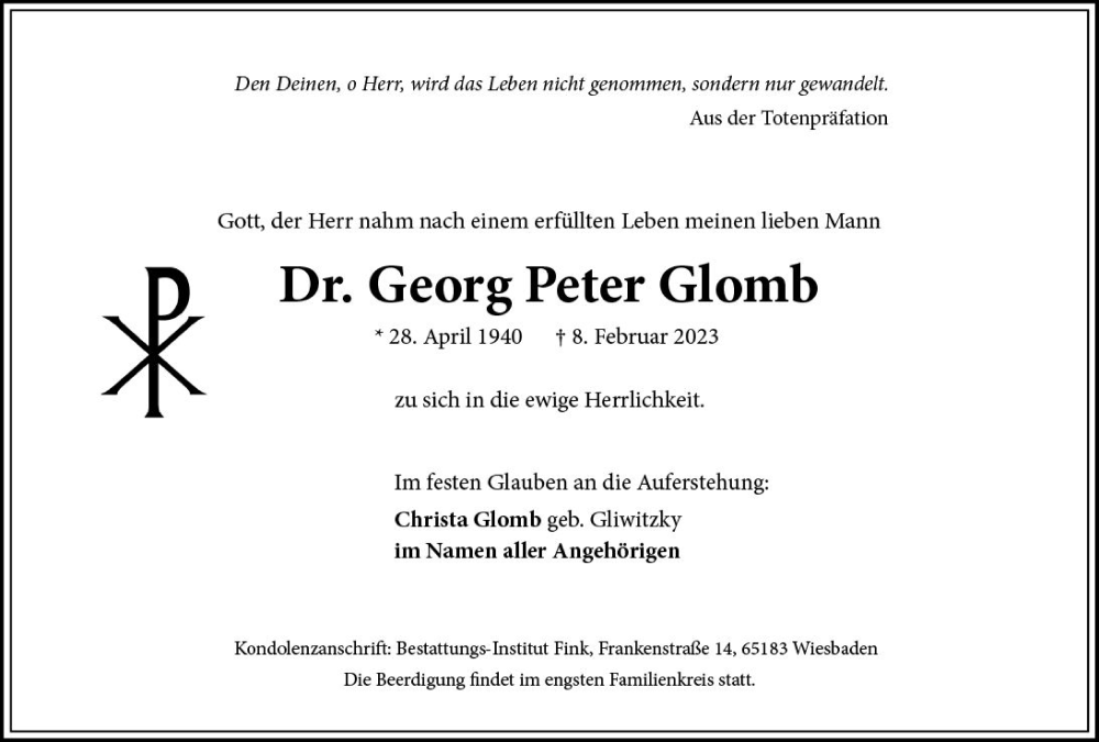  Traueranzeige für Georg Peter Glomb vom 18.02.2023 aus Wiesbadener Kurier