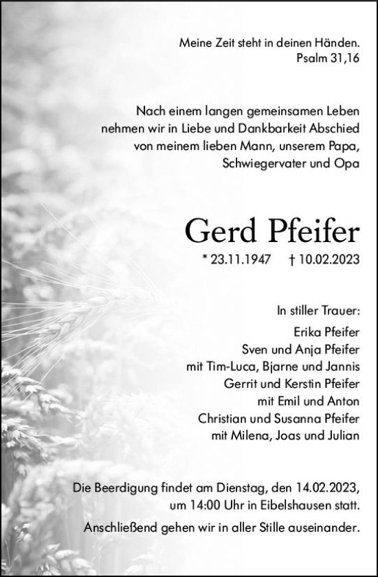 Traueranzeige von Gerd Pfeifer von Dill Block