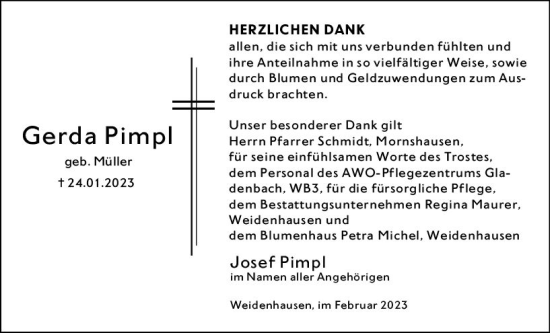 Traueranzeige von Gerda Pimpl von Hinterländer Anzeiger