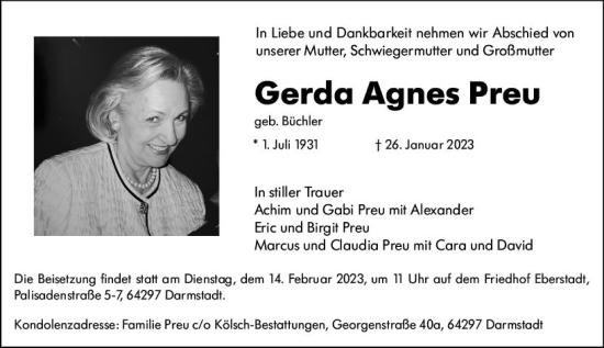 Traueranzeige von Gerda Agnes Preu von Darmstädter Echo