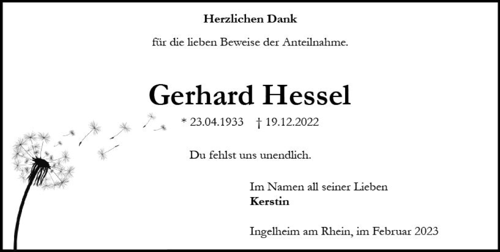  Traueranzeige für Gerhard Hessel vom 11.02.2023 aus Allgemeine Zeitung Ingelheim-Bingen