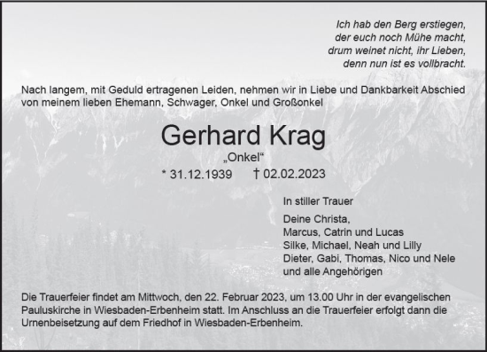 Traueranzeige von Gerhard Krag von Wiesbadener Kurier