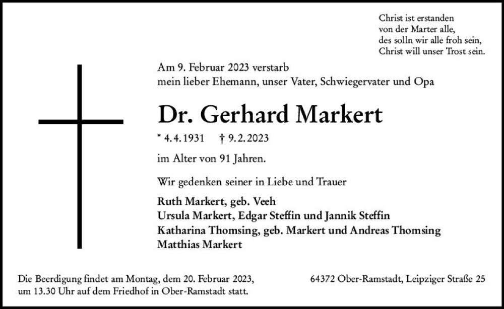  Traueranzeige für Gerhard Markert vom 18.02.2023 aus Darmstädter Echo