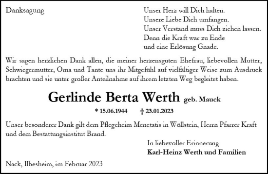 Traueranzeige von Gerlinde Berta Werth von Allgemeine Zeitung Alzey