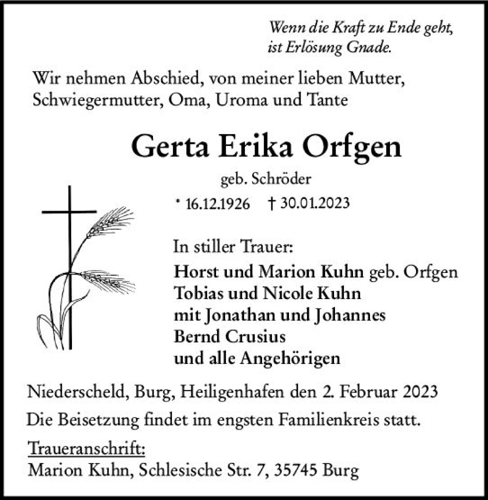  Traueranzeige für Gerta Erika Orfgen vom 02.02.2023 aus Dill Block