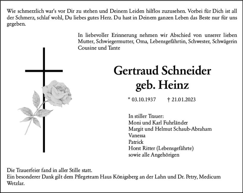  Traueranzeige für Gertraud Schneider vom 04.02.2023 aus Wetzlarer Neue Zeitung